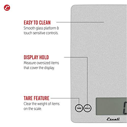 Escali Arti Glass Food Scale Digital Countertop Kitchen, Baking and Cooking Scale with Nutrition and Calorie Counter, 15-Pound Capacity, 9" x 6.5" x .75", Shiny Silver - CookCave