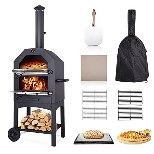 Vonzoy Wood Fired Outdoor Pizza Oven with Waterproof Cover, Pizza Stone and Peel, Wood Burning Pizza Oven with 2 Wheels for Outside - CookCave