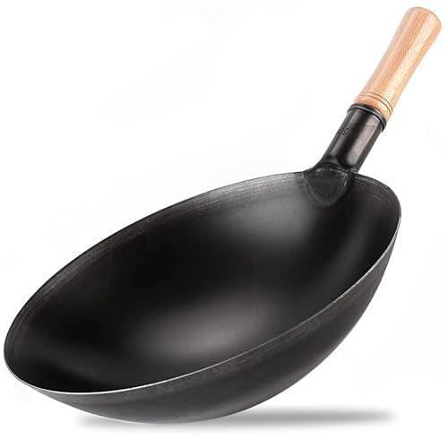Wokit Wok Pan, Woks & Black Carbon Steel Stir Fry Pans, Gas, Cooktop, No Chemical Coated, Round Bottom Chinese Wok-Size 14 - CookCave