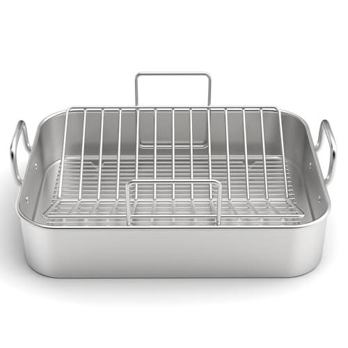 Stainless Steel Roasting Pan, 17*13 Inch Turkey Roaster with Rack - Deep Broiling Pan & V-shaped Rack & Flat Rack, Non-toxic & Heavy Duty, Great for Thanksgiving Christmas Roast Chicken Meat Lasagna - CookCave