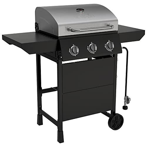 Nexgrill Premium 3 Burner Propane Barbecue Gas Grill, Side Table Open Cart with Wheels, Outdoor Cooking, Patio, Garden Barbecue Grill, 27000 BTUs, Black and Silver - CookCave