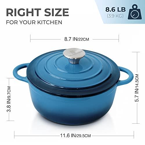 Trustmade 3 QT Cast Iron Dutch Oven, Enamel Coated Cookware Pot with Self Basting Lid for Home Baking, Braiser, Cooking, Blue - CookCave