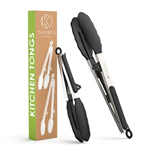 Oliver's Kitchen ® Tongs - 2x Food Safe Silicone Cooking Tongs - Locking Clip for Easy Storage - Great for BBQ - Easy To Use & Grip Kitchen Tongs - Stylish Stainless Steel Design - CookCave