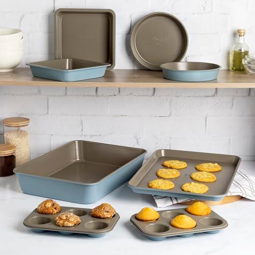 Goodful All-In-One Nonstick Bakeware Set, Stackable and Space Saving Design includes Round and Square Pans, Muffin Pans, Cookie Sheet and Roaster, Dishwasher Safe, 8-Piece, Blue Mist - CookCave