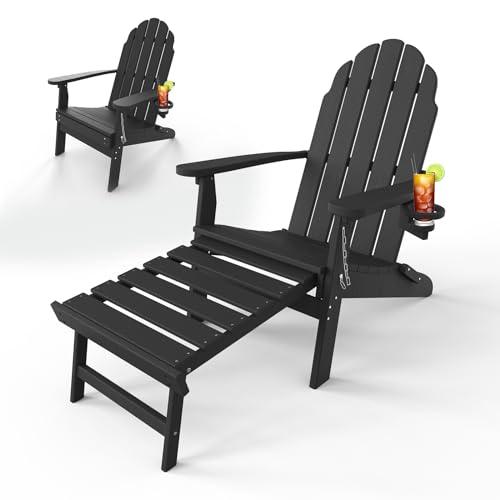 Folding Adirondack Chair with Ottoman, Retractable, Poly Lumber Patio Chairs with Cup Holder, Pre-Assembled Weather Resistant Outdoor Chairs for Porch, Pool, Deck, Backyard, Garden, Black - CookCave