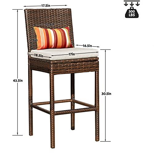 Sundale Outdoor Bar Stools 30 Inch Seat Height Set of 2, Patio Wicker Counter Stools with Back Rest, High Brown Rattan Chair with Pillow & Beige Cushion, All-Weather Armless Tall Pub Barstool - CookCave