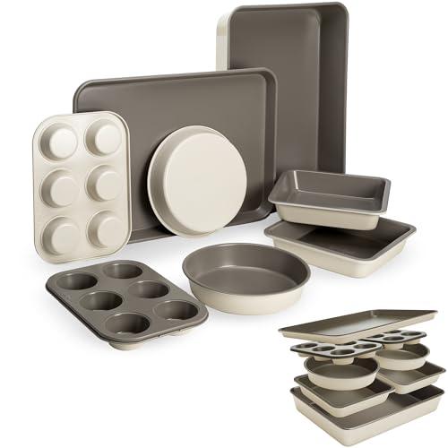 Goodful All-In-One Nonstick Bakeware Set, Stackable and Space Saving Design includes Round and Square Pans, Muffin Pans, Cookie Sheet and Roaster, Dishwasher Safe, 8-Piece, Linen - CookCave