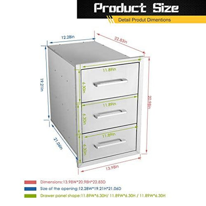 Outdoor Kitchen Drawers, 14''W x 20.6''H x 23''D Triple Layer Drawer BBQ Access Drawers with Handle Drawers for Grill Station - CookCave