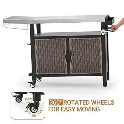 Onlyfire Portable Dining Cart Table with XL Stainless Steel Countertop, Rolling Storage Cabinet with Side Shelf for Indoor Outdoor, Kitchen Island Worktable with Wheels - CookCave