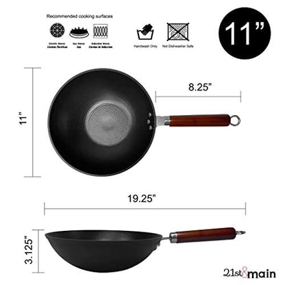 21st & Main Wok, Stir Fry Pan, Wooden Handle, 11 Inch, Lightweight Cast Iron, chef’s pan, pre-seasoned nonstick, for Chinese Japanese and other cooking - CookCave