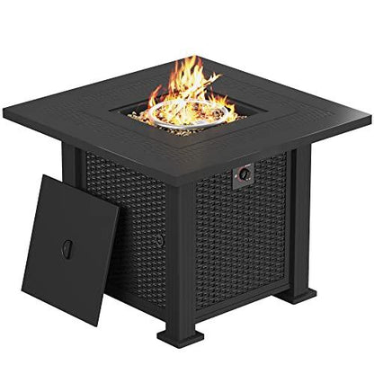 Greesum 28 Inch Outdoor Gas Fire Pit Table, 50,000 BTU Steel Propane Firepit with Lid and Lava Rock, Imitation Rattan Weave Texture, Add Warmth and Ambience to Parties On Patio Garden Backyard, Black - CookCave