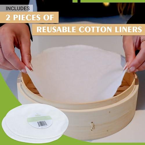 Zoie + Chloe Bamboo Steamer Basket - 2-Tier Dumpling Steamer for Cooking with 2 Reusable Cotton Liners for Bao, Dim Sum, Veggies, Asian Steamed Buns -Stackable, Space-Efficient - 8-Inch Steam Basket - CookCave