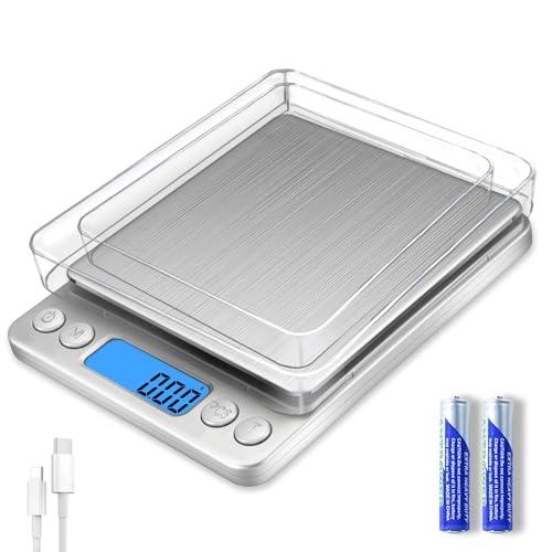 MEIYA Digital Gram Scale 1000g/0.01g, Scale for Food Ounces and Grams, Upgrade USB Charging Kitchen Scale Digital Weight for Cooking, Baking, Tare Function, 9 Units, 2 Tray - CookCave