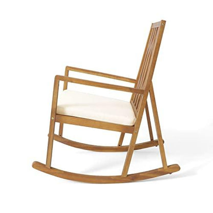 Christopher Knight Home Nuna Outdoor Wood Rocking Chair with Cushion, Teak Finish Dimensions: 37.75”D x 26.50”W x 41.25”H - CookCave