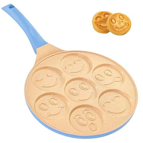 Erreke Nonstick Pancake Pan, 7 Smiley Face Pancake Griddle, Soft Touch Handle Fun Breakfast for Kids, 10.2 in Crepe Pan for Gas Stoves (Blue Color) - CookCave