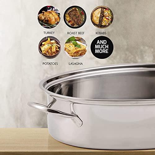 Ovente Kitchen Oval Roasting Pan 16 Inch Stainless Steel Baking Tray with Lid & Rack, Dishwasher Safe Portable Roaster for Oven Cooking Grilling Turkey Chicken at Home or Thanksgiving Silver CWR32161S - CookCave