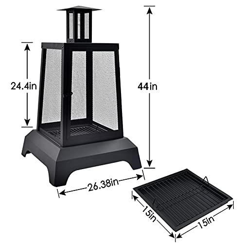 Large Fire Pit Steel Wood Burning Outdoor Fireplace Tower 44" High Big Patio Firepits with Mesh Screen Cover, for Backyard, Garden, Beach, Camping - CookCave