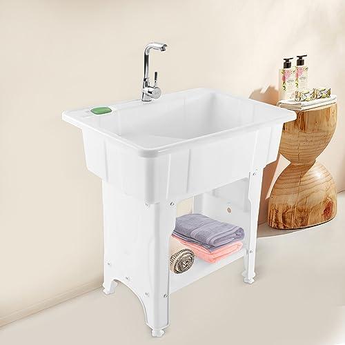 Laundry Sink,Freestanding Plastic Laundry Sink with Washboard,Utility Sink with Hot and Cold Faucet,Hoses and Drain Kit for Garage Basement Garden (25.59x21.65x31.5inch) - CookCave