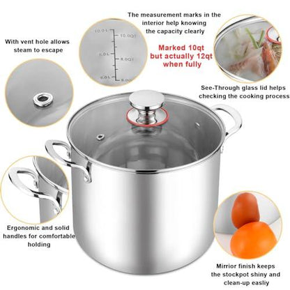 TeamFar 12 Quart Stock Pot, 18/10 Stainless Steel Large Cooking Soup Pot with Lid for Simmering/Stewing, for Induction/Gas/Ceramic, Healthy & Heavy-Duty, Riveted Handles & Dishwasher Safe - CookCave