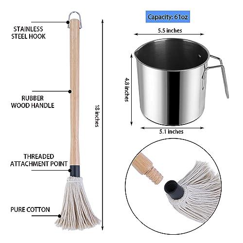 BBQ Sauce Pot and Basting Brush Set, 61oz Stainless Steel Sauce Pan & Basting Mop Brush, Gifts for Griller & Barbecue Cooking Accessories, with 2Pcs Wooden Long Handle Sauce Mops and 2Pcs Replacements - CookCave