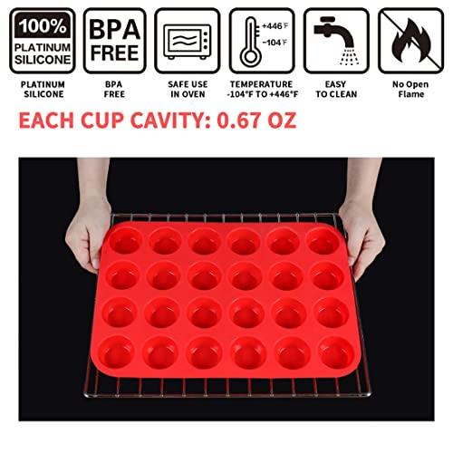 Mini Muffin &Cupcake Set, 24 Cups 2-Pieces, Nonstick Silicone Baking Pan, BPA Free and Dishwasher Safe, Great for Making Muffin Cakes, Tart, Bread (24 Cups Red,2 PCS) - CookCave