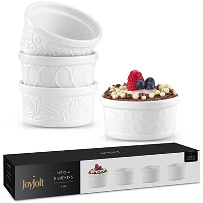 JoyJolt Small Ramekins 4 oz Oven Safe Bowls. White Embossed Porcelain Ceramic Ramekin Set of 4. Creme Brulee Ramekins, Souffle Cups, Custard Cups, Charcuterie Bowls, Sauce Cups, Gratin Ramiken - CookCave