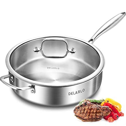 DELARLO Whole Body Tri-Ply Stainless Steel Sauté Pan with lid, 6 Quarts Saute Pan, 12 Inch Deep Frying Pan, Induction Compatible Chef Cooking Pan, Dishwasher & Oven Safe - CookCave
