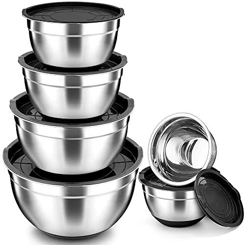 TeamFar Mixing Bowls, Black Mixing Bowls with Lids Set, Stainless Steel Nesting Salad Bowl with Air-tight Lid & Silicone Bottom, Non Slip & Stackable - Set of 6-4.6/2.6/2 / 1.5/1 / 0.7 Qt - CookCave
