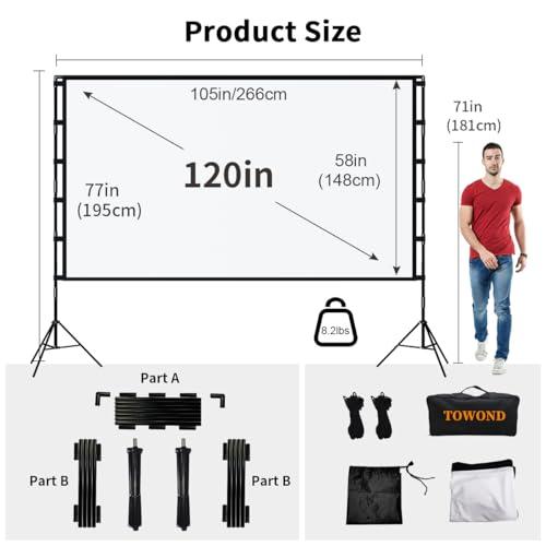 Projector Screen and Stand, Towond 120 inch Portable Projector Screen Indoor Outdoor Projector Screen 16:9 4K HD Wrinkle-Free Lightweight Movie Screen with Carry Bag for Backyard Movie Night - CookCave