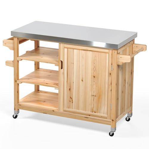 YITAHOME 53.74 L x 20.27 W Inches XL Outdoor Table and Storage Cabinet Solid Wood Movable Grill Table with Stainless Steel Top, Spice Rack, Side Handle for Outside Patio Kitchen Island or Bar Cart - CookCave