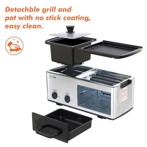 4 in 1 Breakfast Maker Station with Indoor Grill/Griddle/Toast Drawer/Frying Basket, Removable Nonstick Plates, Dual Temperature Control, Silver - CookCave