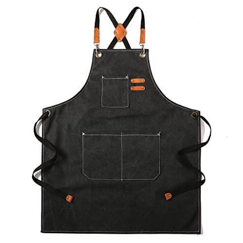 Tosewever Canvas Cross Back Chef Apron for Men Women with Adjustable Straps Large Pockets, Waterdrop Kitchen Heavy Duty Cotton Aprons for Tool Cooking BBQ Artist, M to XXL (Black) - CookCave