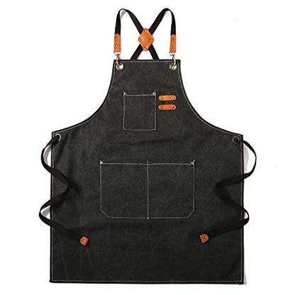 Tosewever Canvas Cross Back Chef Apron for Men Women with Adjustable Straps Large Pockets, Waterdrop Kitchen Heavy Duty Cotton Aprons for Tool Cooking BBQ Artist, M to XXL (Black) - CookCave