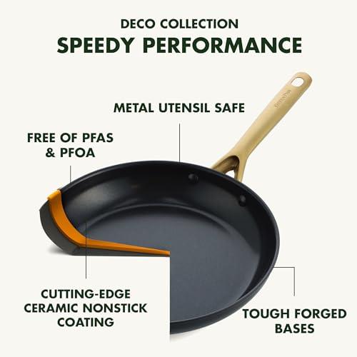 GreenPan Deco Hard Anodized Healthy Ceramic Nonstick 12” Saute Pan with Lid, Gold-Tone Stainless Steel Handle, Durable, Scratch Resistant, Dishwasher & Oven Safe, PFAS-Free, Black - CookCave