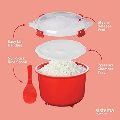 Sistema Microwave Rice Cooker and Steamer Bowl for Vegetables with Steam Release Vent, Dishwasher Safe, Red - CookCave