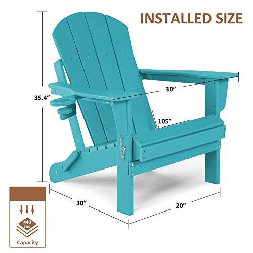 ABCPATIO Folding Plastic Adirondack Chair - Outdoor Weather Resistant Adirondack Chairs with Cup Holder, Stackable Seating for Patio, Porch, Deck, Pool, Garden, Backyard (Seat Width 20", Turquoise) - CookCave