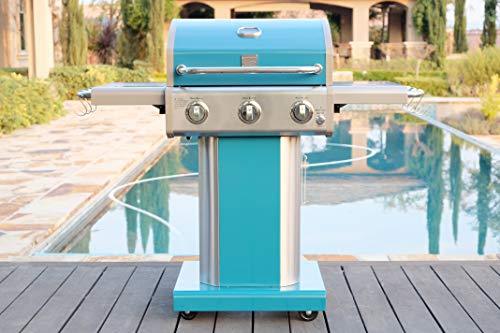 Kenmore 3-Burner Outdoor BBQ Grill | Liquid Propane Barbecue Gas Grill with Folding Sides, PG-A4030400LD-TL, Pedestal Grill with Wheels, 30000 BTU, Teal - CookCave