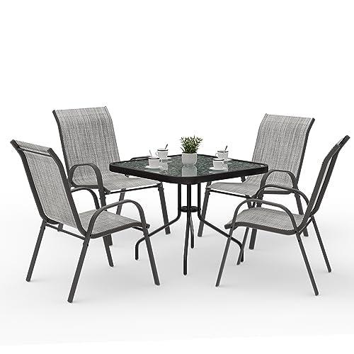 Amopatio Outdoor Dining Set for 5, Patio Table and Chairs Set, Textured Glass Tabletop, 4 Stackable Patio Chairs,Patio Furniture, Balcony, Porch, Lawn- Light Grey - CookCave