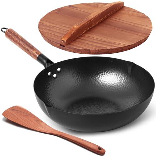 Carbon Steel Wok Pan 13" with Wooden Cover 13 inch Pan Lid - Chinese Wok with Flat Bottom Pow Wok, 5 Cookware Accessories, For Electric,Induction and Gas Stoves - CookCave