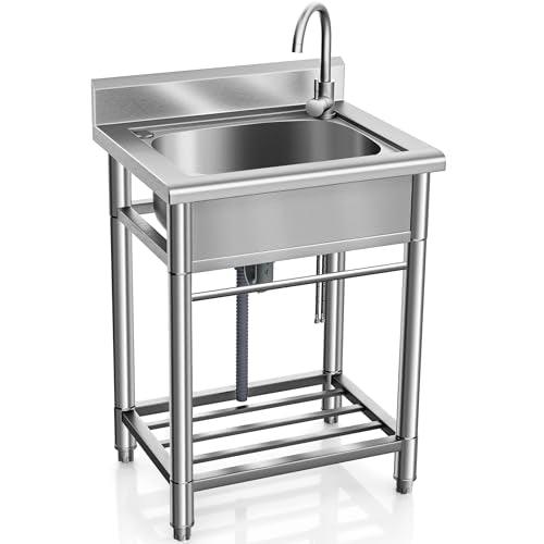 Lafati Stainless Steel Utility Sink - Single Bowl Free Standing Kitchen Sink NSF Certificated with Cold and Hot Water for Farmhouse, Bathroom, Bar, Laundry Room (23 Inch) - CookCave