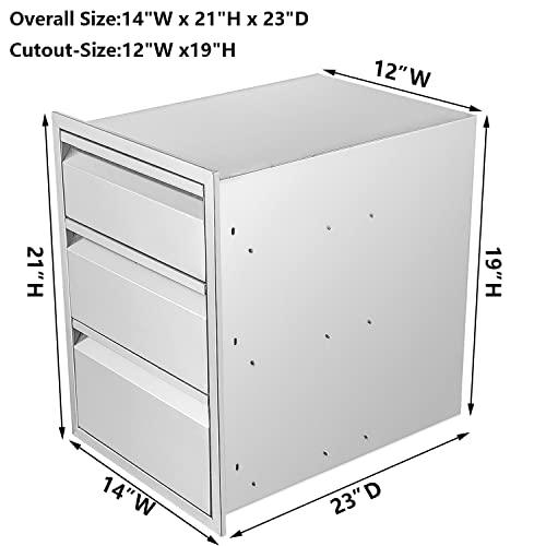 Atatod 14" W Outdoor Kitchen Drawer Stainless Steel BBQ Triple Drawer Flush Mount for Outdoor Kitchen Island(Overall Size:14" W x 21" H x 23" D inch) - CookCave