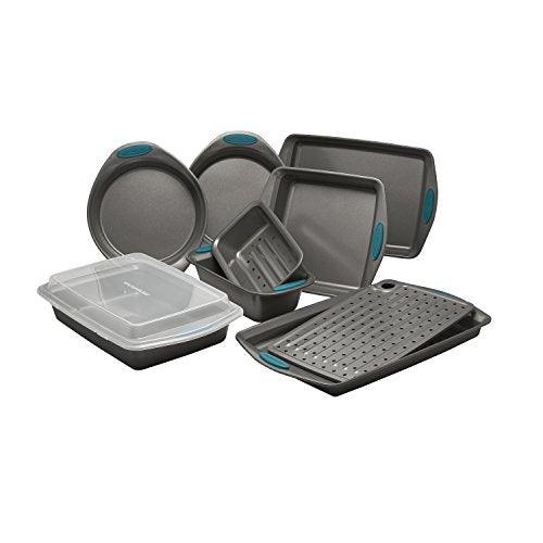 Rachael Ray Nonstick Bakeware Set with Grips includes Nonstick Bread / Baking Pans, Cookie / Baking Sheet and Cake Pans - 10 Piece, Gray with marine blue grips - CookCave