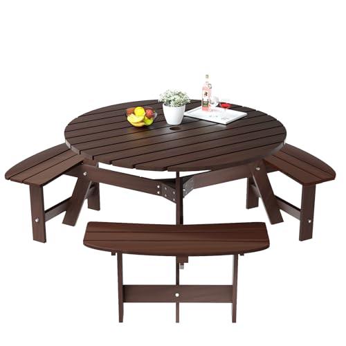 ROOMTEC 6 Person Wooden Picnic Benches, Outdoor Round Table with Umbrella Hold Design for Patio, Backyard, Garden, Adults and Kids, 1720lb Capacity, Brown - CookCave