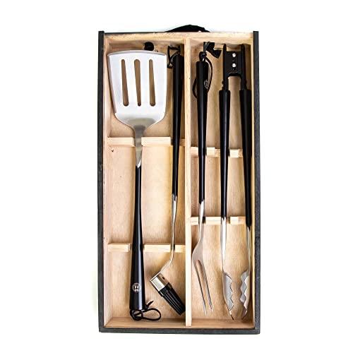 Schmidt Brothers - BBQ Carbon 6, 4-Piece Grilling Accessory Set, Full-Forged Stainless Steel Grilling Utensils Including Spatula, Fork, Basting Brush, and Tongs with All Wood Handles - CookCave