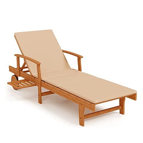 MFSTUDIO Foldable Acacia Wood Outdoor Chaise Lounge, Patio Chaise Lounge Chair Recliner with Wheels, Adjustable Backrest, Slide-Out Side Table, Cushion, Teak Lounge Chair Outdoor for Pool, Backyard - CookCave
