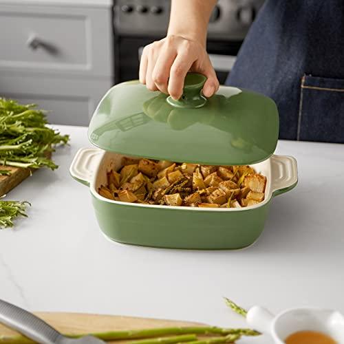 DOWAN Baking Dish With Lid, Ceramic Casseroles dish with lids, Lasagna Pan Deep, 53.4 OZ Rectangular Bakeware With Handle Oven Safe for Cooking, Dinner, Halloween Home Gift, 8 x 8 Inches, Green - CookCave