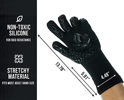 BBQ Gloves - 1472 Degree F Heat Resistant Grilling Gloves - Non-Slip Silicone Grip Design - Grill Gloves for Outdoor Grill, Barbecue, Oven, Cooking, Kitchen and Baking (Black) - CookCave