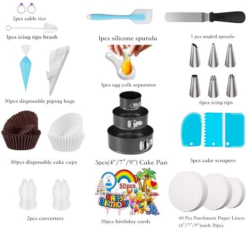 RUISENLAI 260pcs Cake Pan Set for Baking + Cake Decorating Supplies: 3 Round Non Stick Springform Pan Set (4, 7, 9 inches), Icing Tips, disposable piping bags – with 60 Pcs Parchment Paper Liners - CookCave