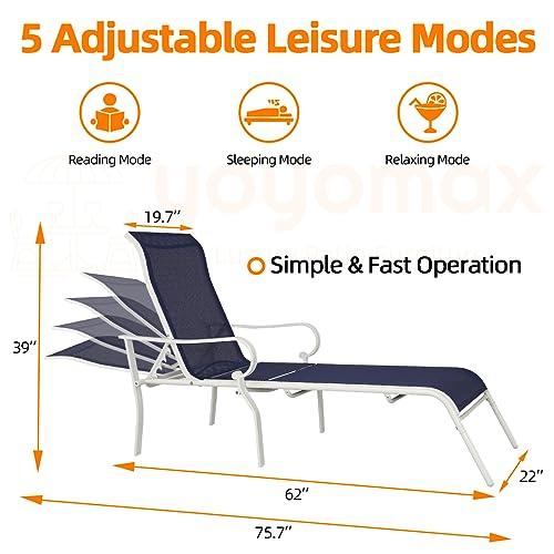 yoyomax Chaise Lounge Outdoor w/Adjustable Back in 5 Reclining Levels, Sturdy Metal Frame, Sunbathing Chair for Beach, Yard, Balcony, Poolside, Dark Blue - CookCave