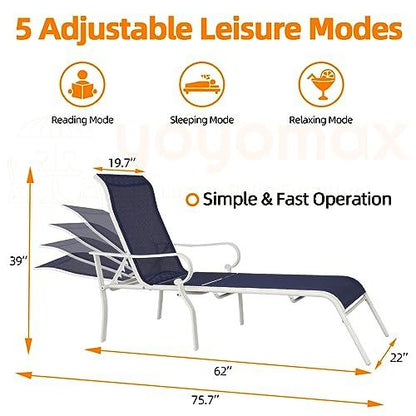 yoyomax Chaise Lounge Outdoor w/Adjustable Back in 5 Reclining Levels, Sturdy Metal Frame, Sunbathing Chair for Beach, Yard, Balcony, Poolside, Dark Blue - CookCave